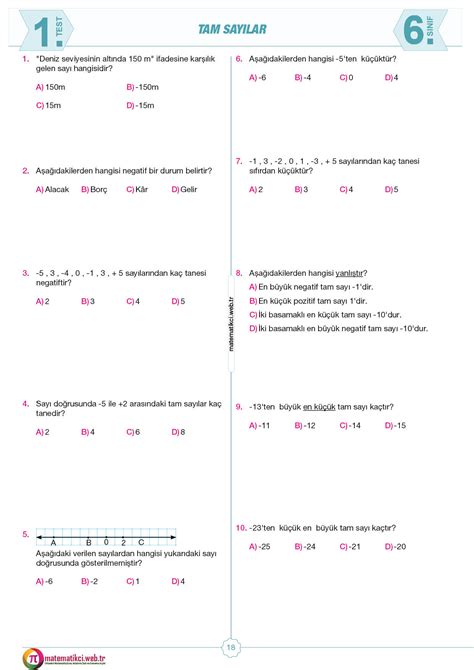 6 sınıf matematik tam sayılar ile ilgili test çöz